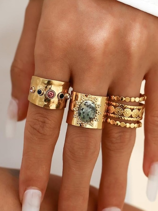 Anthropologie Jewelry - Anthropologie Gold Tone Mixed Stone Wide Band Ring Set